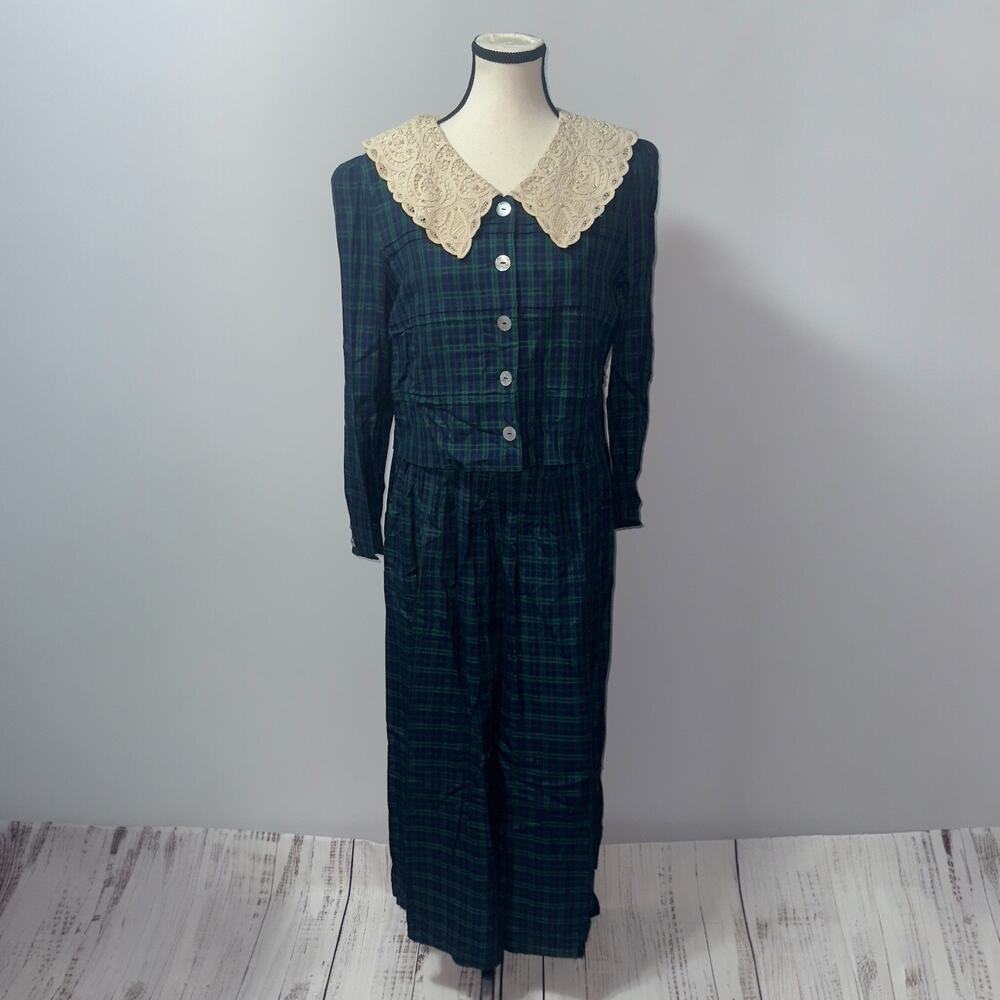 Plaza south Vintage 90s Tartan Lace Collared Womens Dress